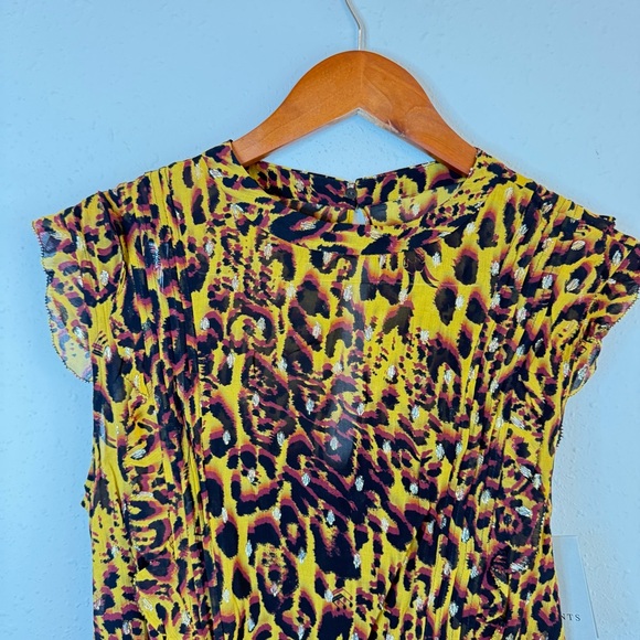 All Saints Hali Pleated Leopard Notes Yellow Multi Mini Dress Size 8 NWT - Picture 11 of 16